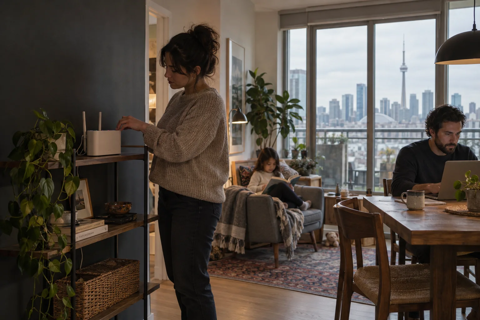 Canadian family reviewing their home internet beside an unbranded Wi-Fi router